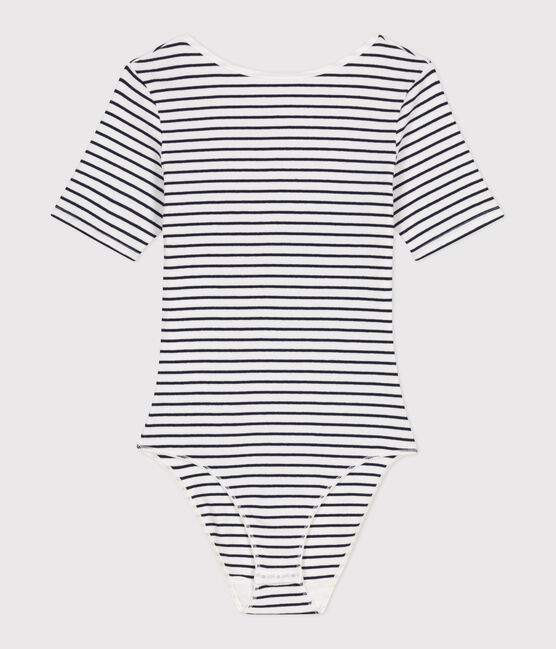 Body de manga corta de algodón y elastano con rayas para mujer blanco MARSHMALLOW/azul SMOKING