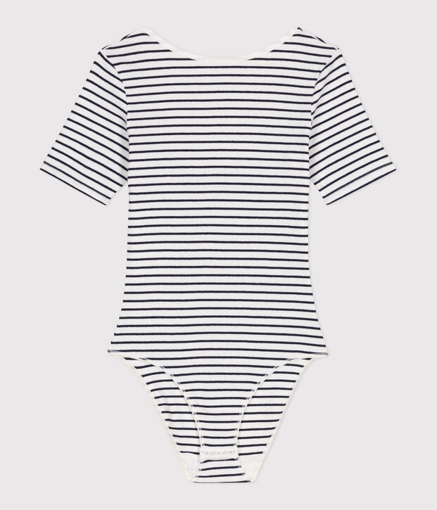 Body de manga corta de algod&oacute;n y elastano con rayas para mujer blanco/azul
