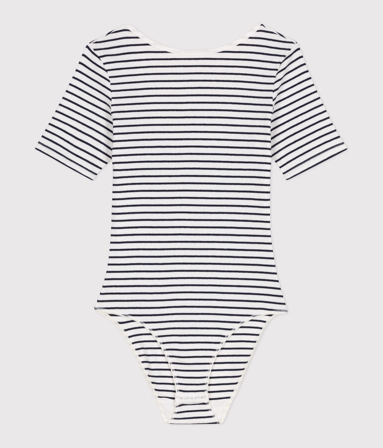 Body de manga corta de algod&oacute;n y elastano con rayas para mujer blanco/azul