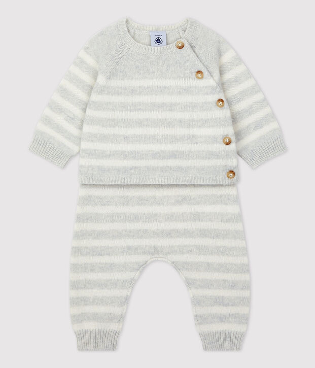 Conjunto de 2 piezas a rayas de punto de beb&eacute; beige/blanco