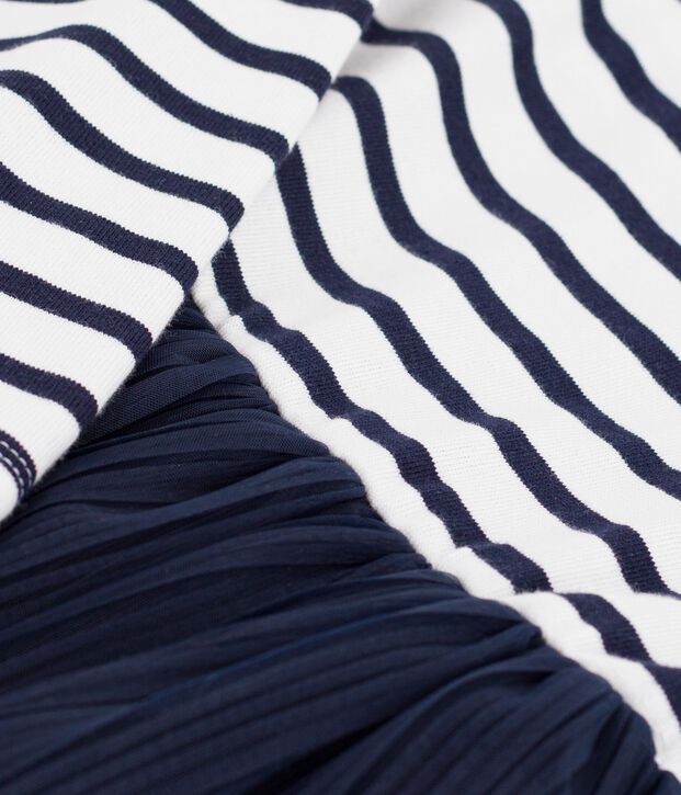 Vestido infantil de algod&oacute;n y tul de manga larga a rayas blanco/azul