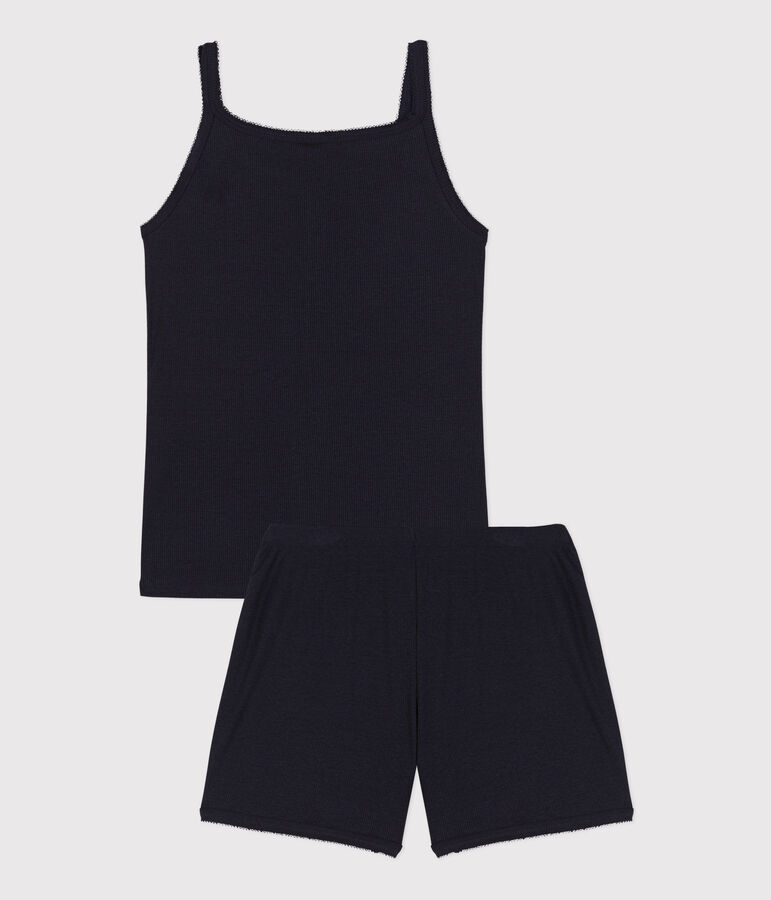 Pijama corto y liso de tirantes de algod&oacute;n y lyocell para mujer azul