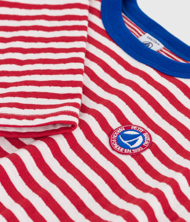 Camiseta infantil de algod&oacute;n de manga larga a rayas rojo/crudo