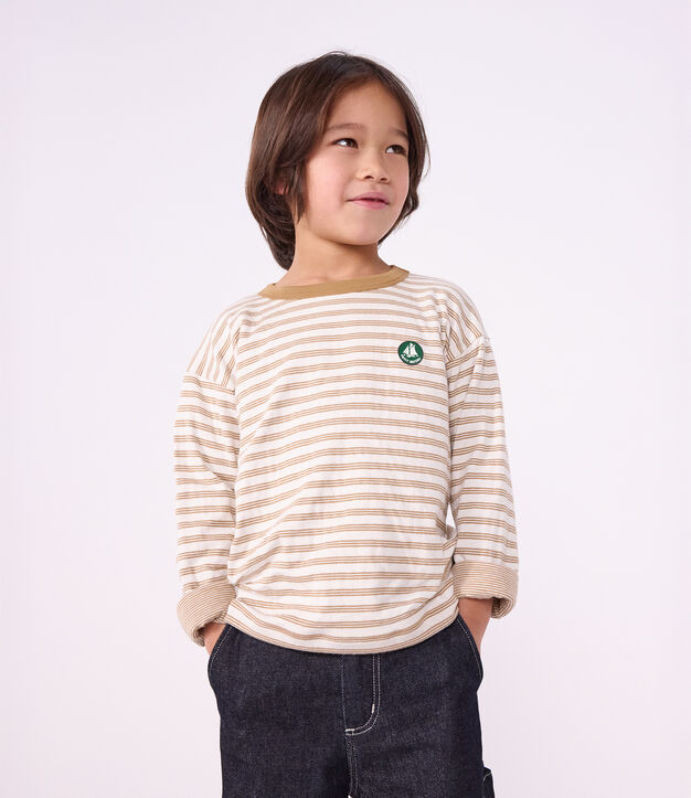 Camiseta infantil de manga larga a rayas beige/crudo/beige