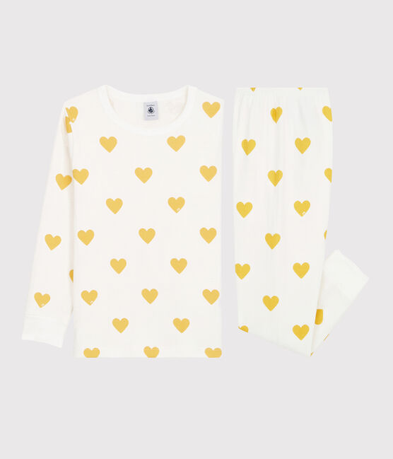 Pijama con estampado de colores amarillas de niña/niño de túbico de algodón orgánico blanco MARSHMALLOW/amarillo OCRE