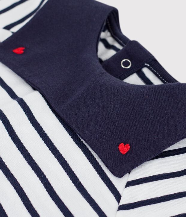 Blusa de algod&oacute;n con rayas marineras y cuello bordado para beb&eacute; blanco/azul
