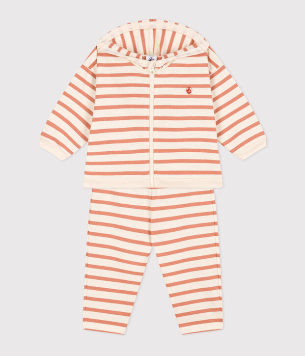 Conjunto de punto grueso con rayas marineras para beb&eacute; crudo/rosa