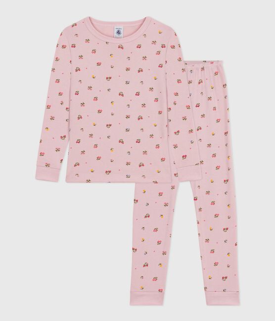 Pijama infantil de algodón con pierna muy ajustada y estampado de flores rosa JOLI/blanco MULTICO