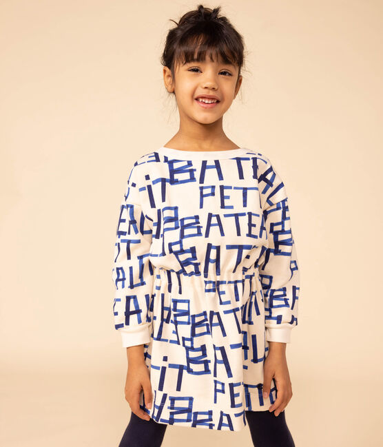Vestido estampado de muletón cepillado de manga larga para niña blanco AVALANCHE/ MULTICO