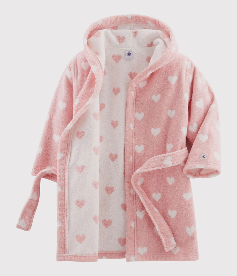 Albornoz con coraz&oacute;n de ni&ntilde;a de rizo rosa/blanco
