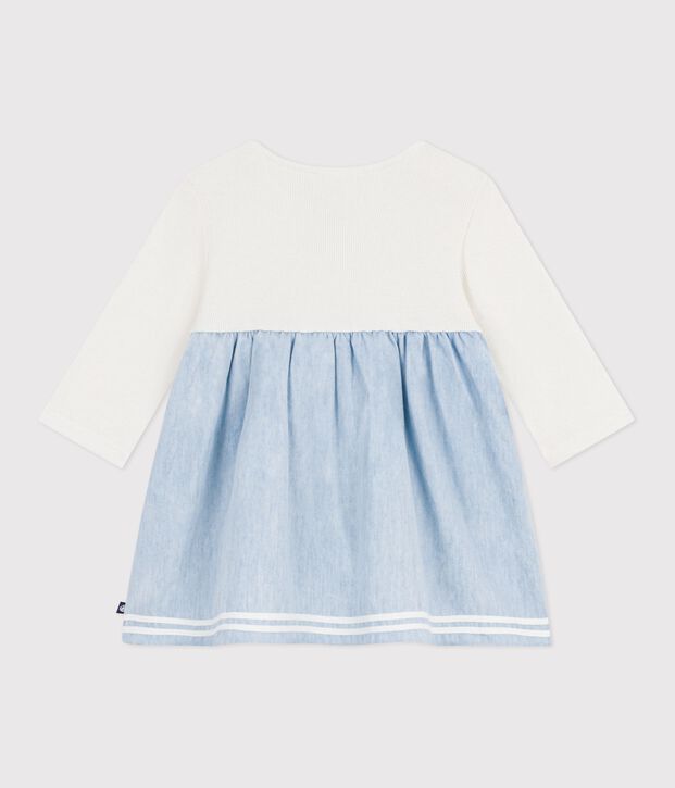 Vestido de dos materiales, algod&oacute;n y chambray, de manga larga para beb&eacute; crudo/multicolor