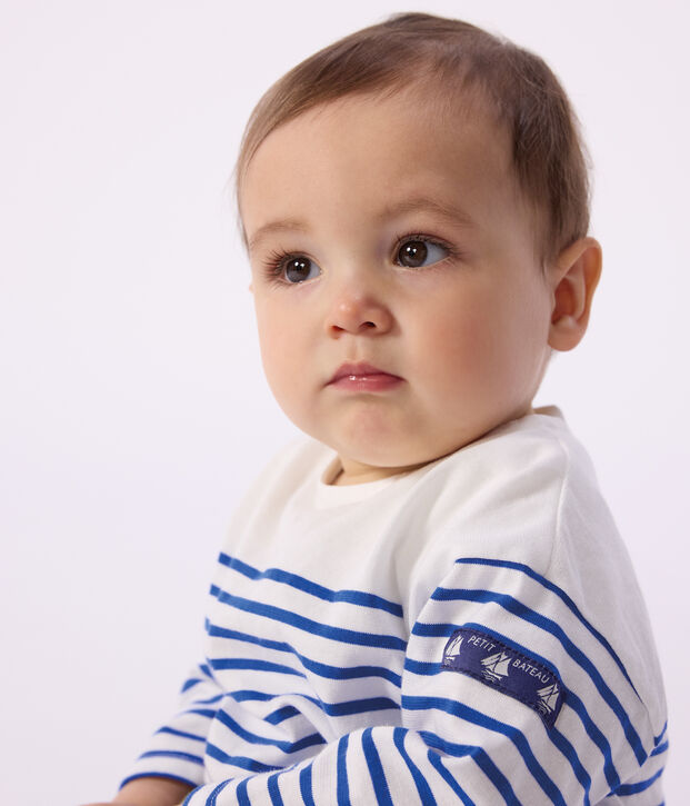 Camiseta marinera de algod&oacute;n de manga larga para beb&eacute; blanco/azul