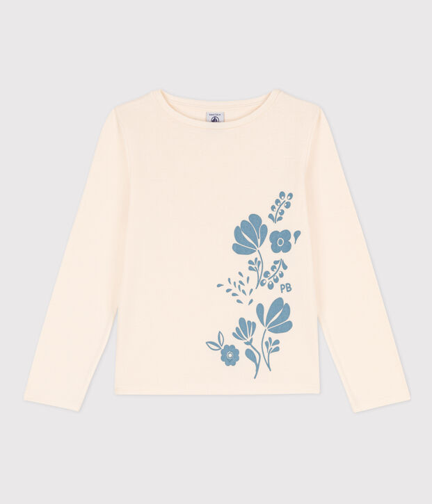 Camiseta de algod&oacute;n de manga larga de ni&ntilde;a/ni&ntilde;o crudo/azul