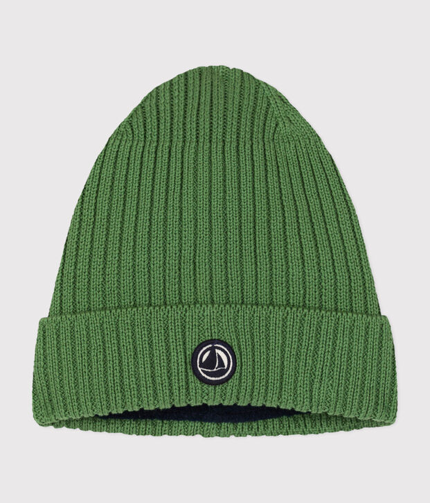 Gorro infantil de punto tricotado con forro polar verde