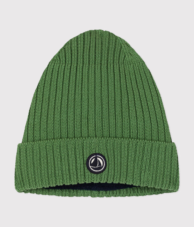 Gorro infantil de punto tricotado con forro polar verde