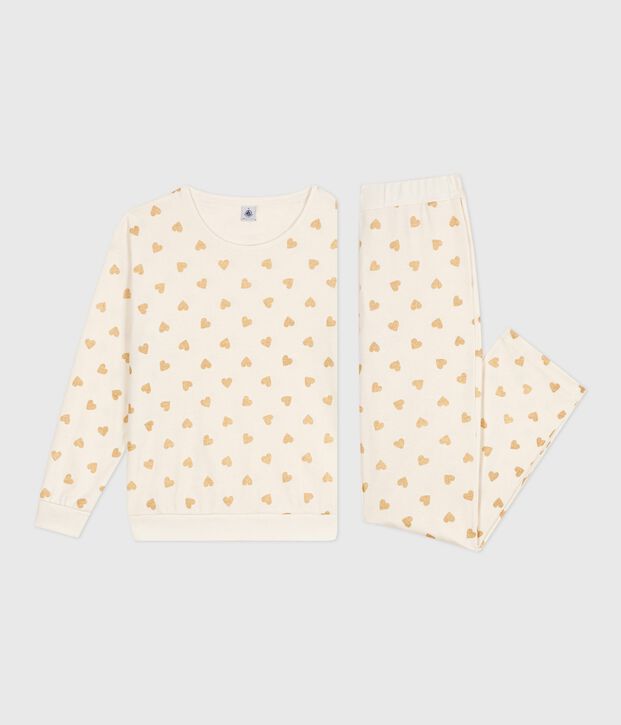 Pijama de algod&oacute;n con estampado de corazones dorados para mujer crudo/amarillo