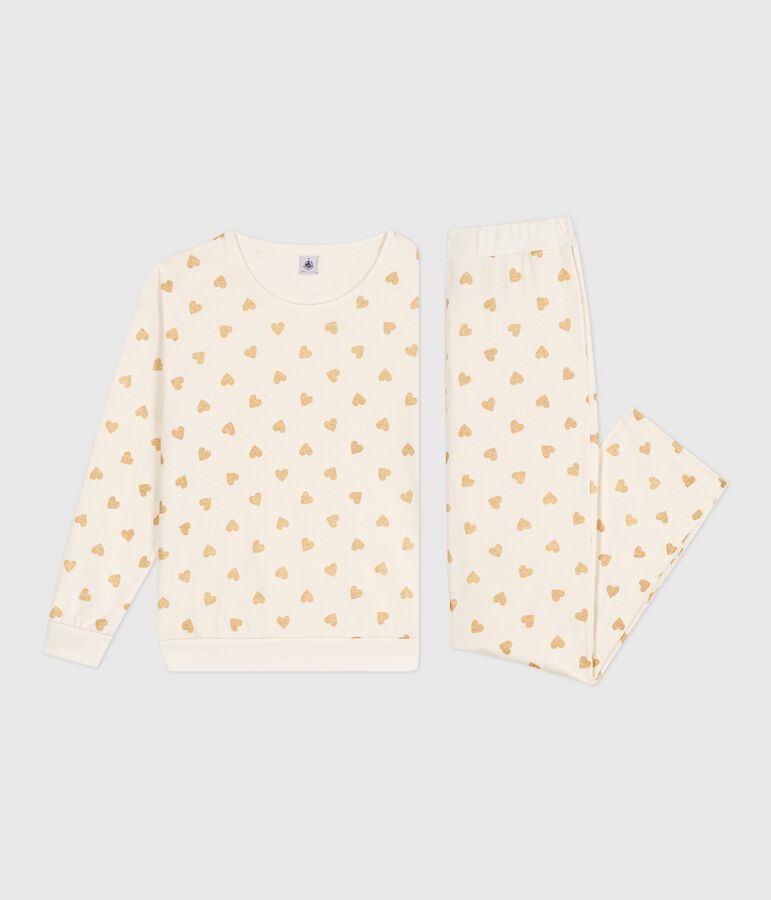 Pijama de algod&oacute;n con estampado de corazones dorados para mujer crudo/amarillo