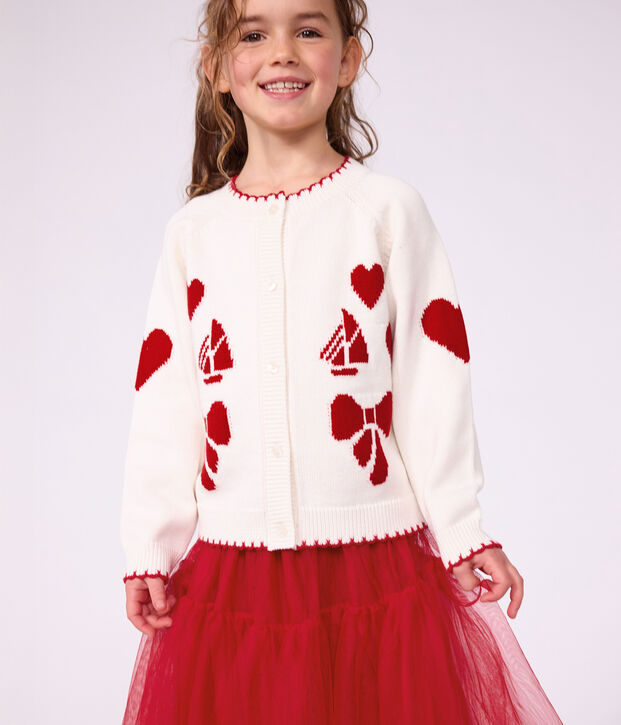C&aacute;rdigan infantil de lana y algod&oacute;n con estampados blanco/rojo