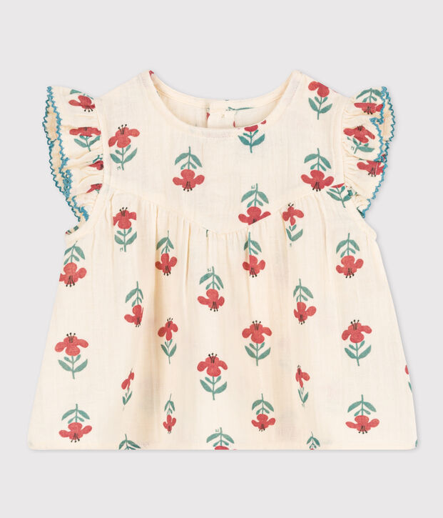 Blusa estampada de manga corta de gasa de algod&oacute;n para beb&eacute; crudo/multicolor