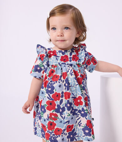 Vestido de algod&oacute;n de manga corta y pololo con estampado de flores para beb&eacute;