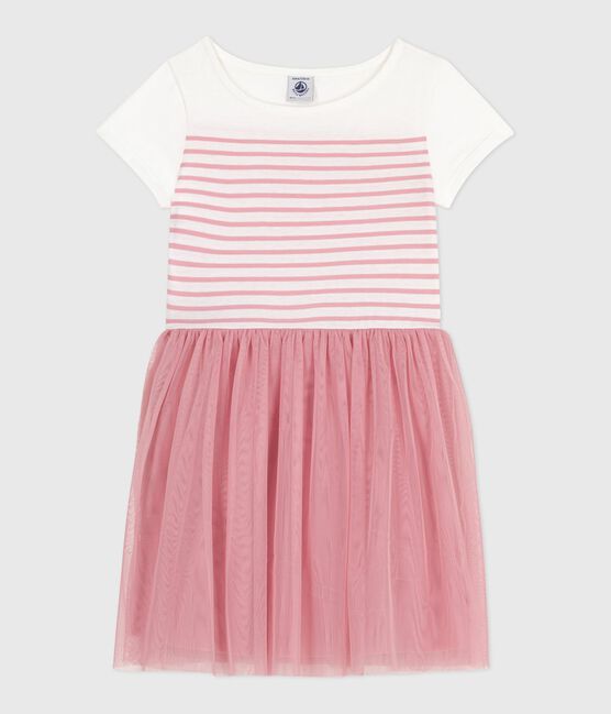 Vestido infantil de manga corta de algodón y tul para niña blanco MARSHMALLOW/rosa CHARME