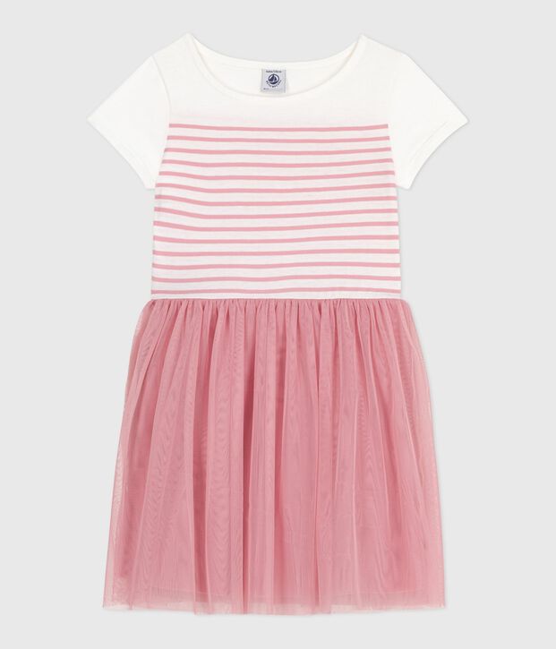 Vestido infantil de manga corta de algod&oacute;n y tul para ni&ntilde;a blanco/rosa