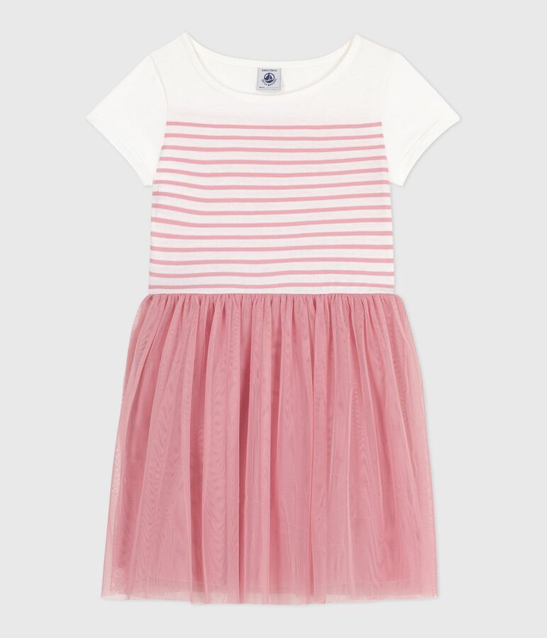 Vestido infantil de manga corta de algod&oacute;n y tul para ni&ntilde;a blanco/rosa