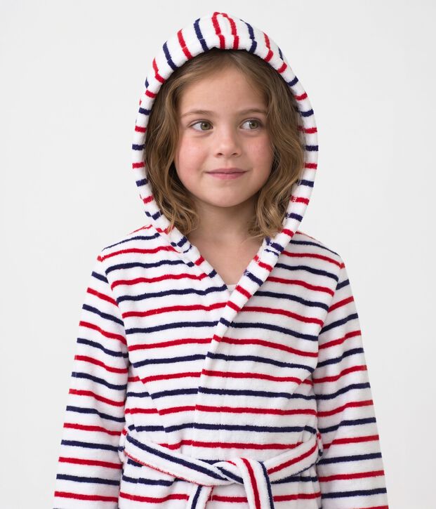 Albornoz infantil de rizo de algod&oacute;n a rayas blanco/multicolor