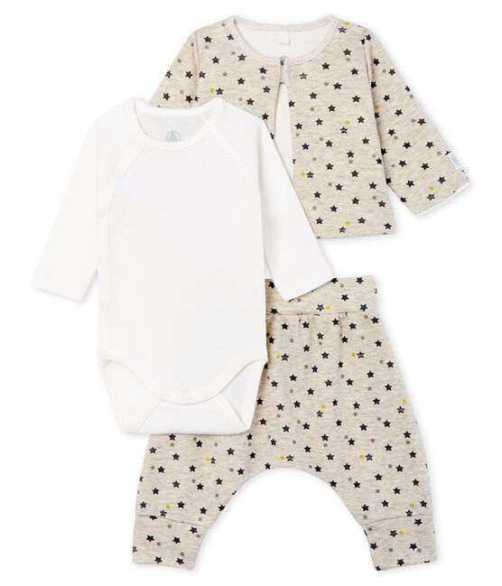Conjunto de tres piezas para bebé niño de lana y algodón beige MONTELIMAR/blanco MULTICO