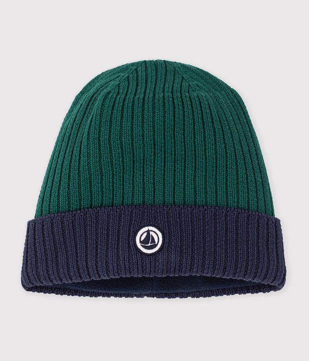 Gorro infantil de punto tricotado bicolor con forro polar verde/azul