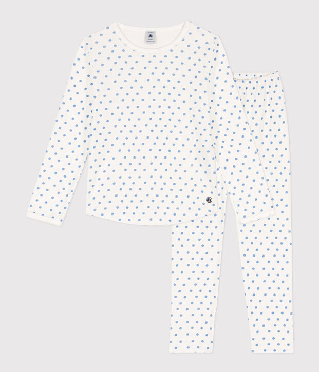 Pijama de algod&oacute;n de lunares para ni&ntilde;a blanco/azul