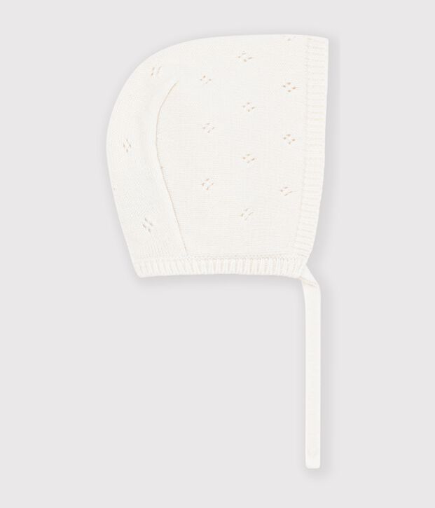 Bonnet b&eacute;b&eacute; en tricot ajour&eacute;e blanco