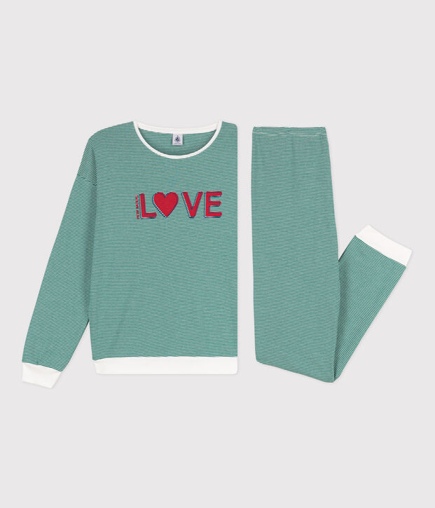 Pijama milrayas de algod&oacute;n de mujer verde/blanco