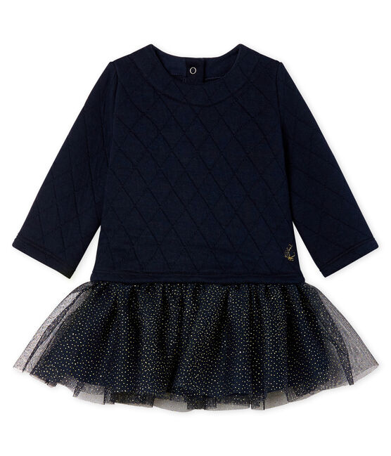 Vestido bimaterial de manga larga para bebé niña azul SMOKING