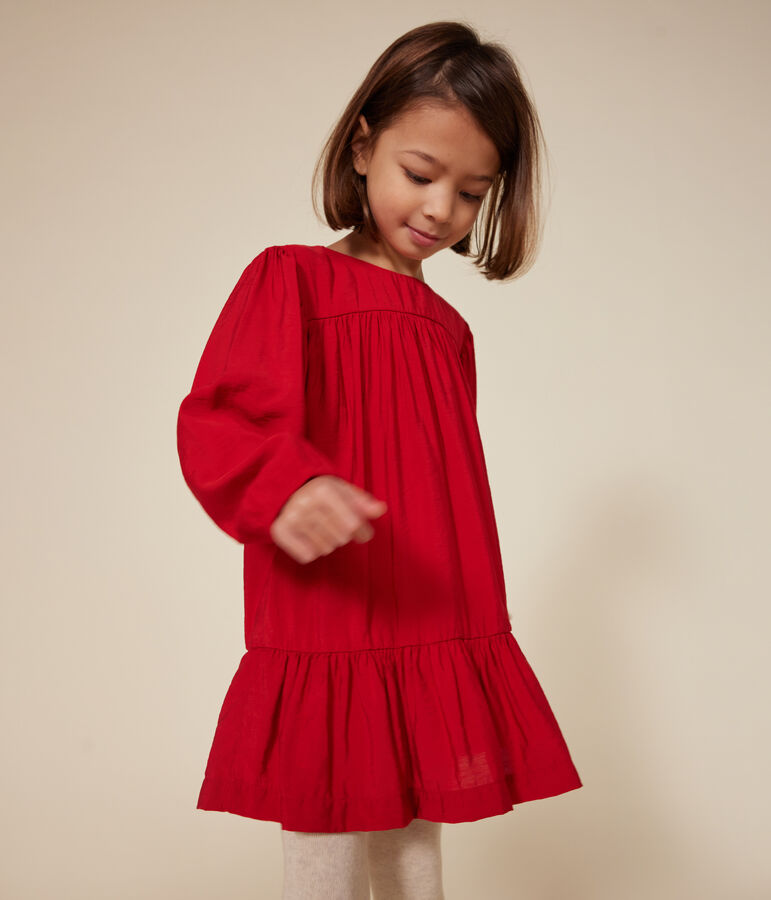 Vestido de manga larga de tela para ni&ntilde;a rojo