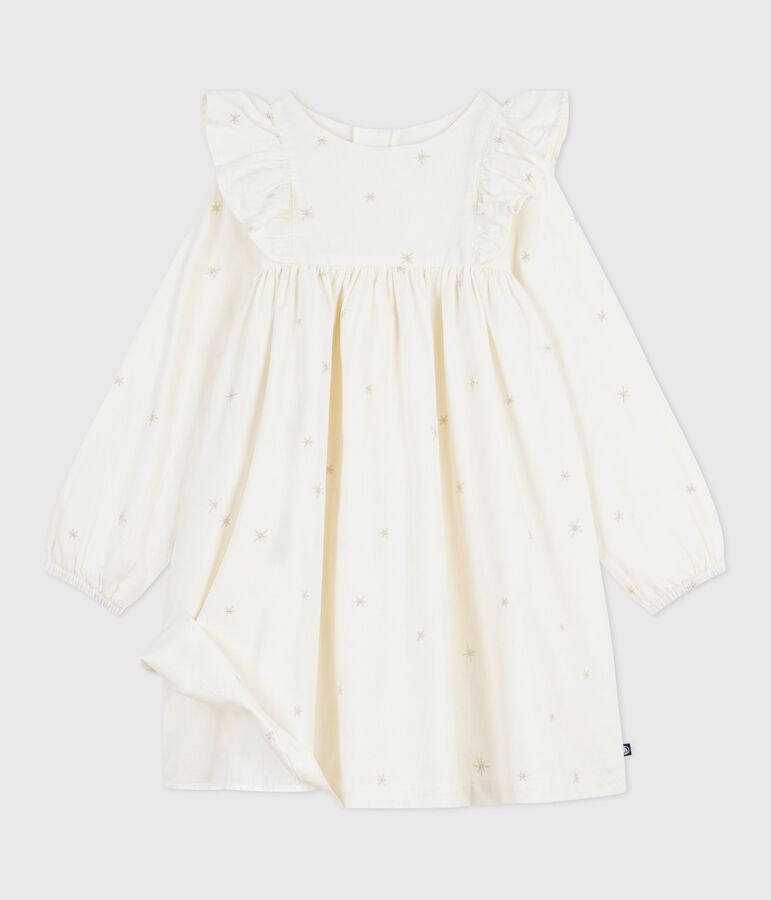 Vestido infantil liso de pana de manga larga crudo/gris