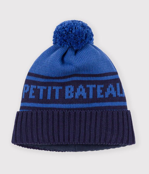Gorro infantil de punto tricotado de jacquard con forro polar azul/azul