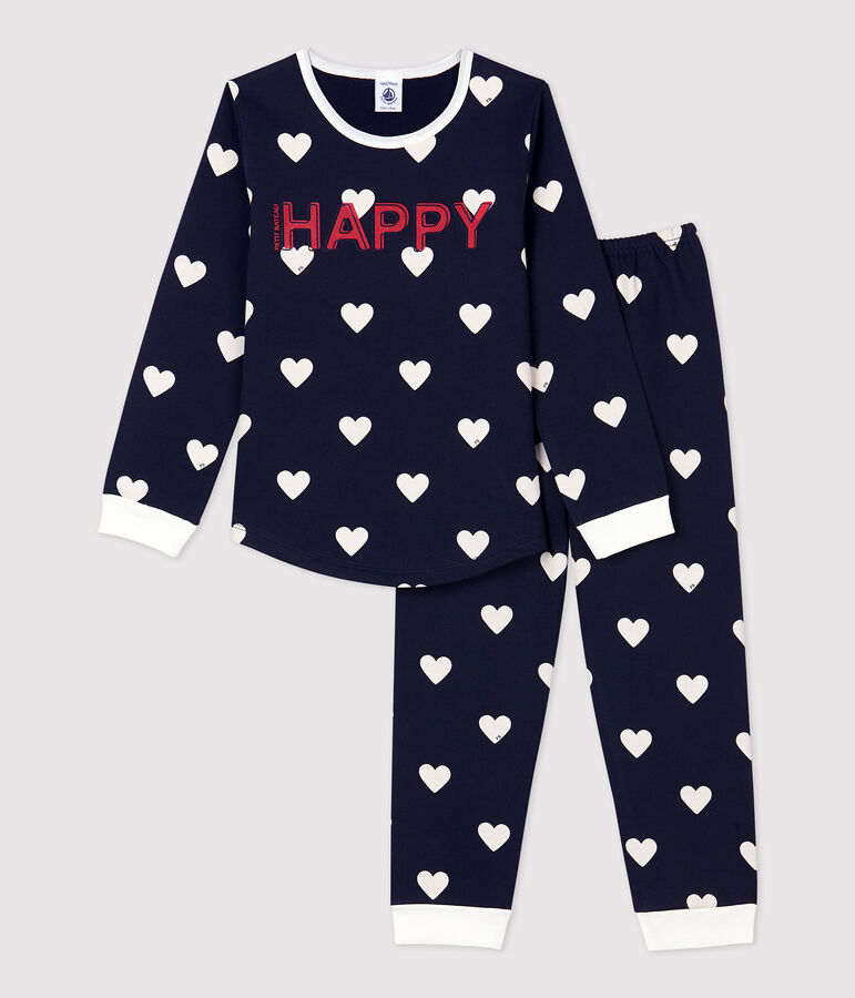 Pijama de ni&ntilde;a/ni&ntilde;o con estampado de corazones de mulet&oacute;n azul/blanco