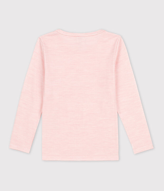 Camiseta de manga larga milrayas de ni&ntilde;a de lana y algod&oacute;n rosa/blanco