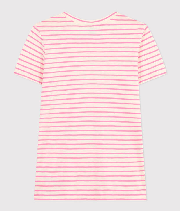 Camiseta La Recta de algod&oacute;n a rayas con cuello redondo para mujer crudo/rosa