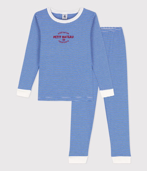 Pijama ajustado de algodón a rayas para niña/niño azul PERSE/blanco MARSHMALLOW