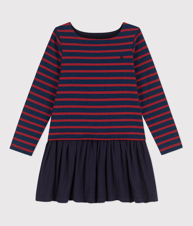 Vestido a rayas de algod&oacute;n grueso y gasa de algod&oacute;n de ni&ntilde;a azul/rojo