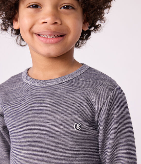 Camiseta infantil de manga larga de lana y algodón a rayas azul SOIR/ MARSHMALLOW