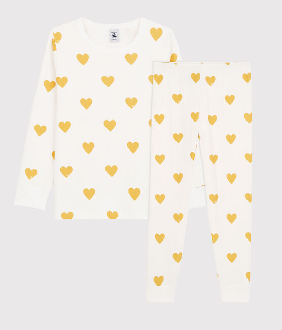 Pijama con estampado de colores amarillas de niña/niño de túbico de algodón orgánico blanco MARSHMALLOW/amarillo OCRE