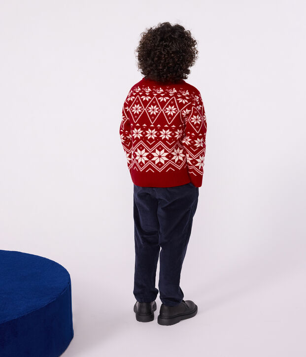 Jersey infantil de lana y algod&oacute;n con estampados rojo/crudo
