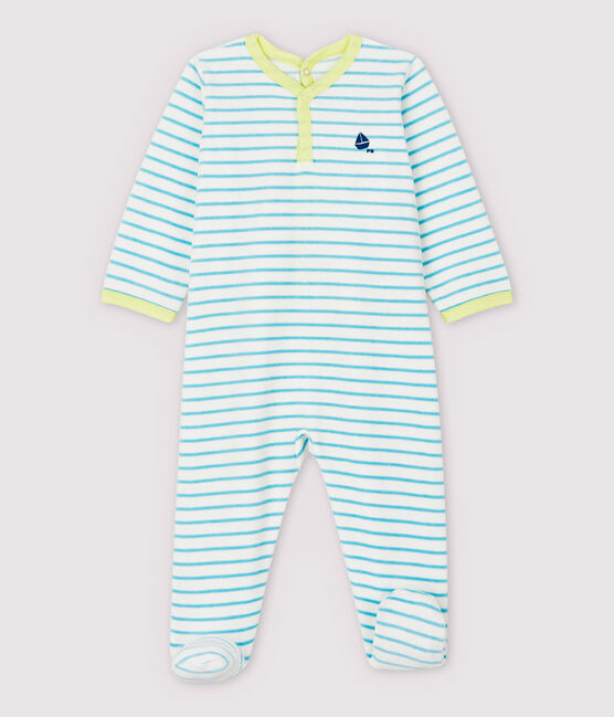 Pijama enterizo de rayas azules de terciopelo de bebé blanco MARSHMALLOW/azul TIKI