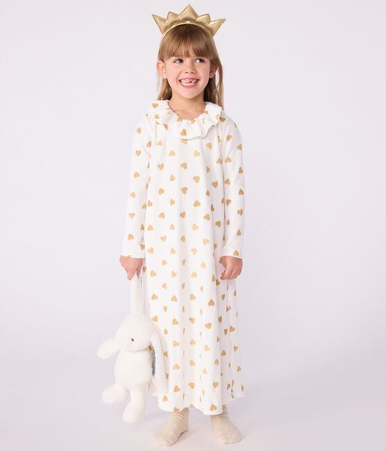Camisón disfraz infantil de terciopelo con estampado de corazones dorados crudo MILK+DORE