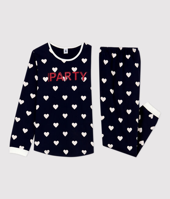 Pijama con estampado de corazones de niña/niño de muletón azul SMOKING/blanco MARSHMALLOW