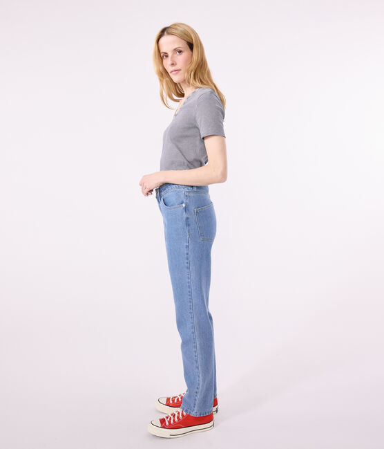 Camiseta La Icónica de algodón a rayas con cuello de pico para mujer azul SMOKING/blanco MARSHMALLOW