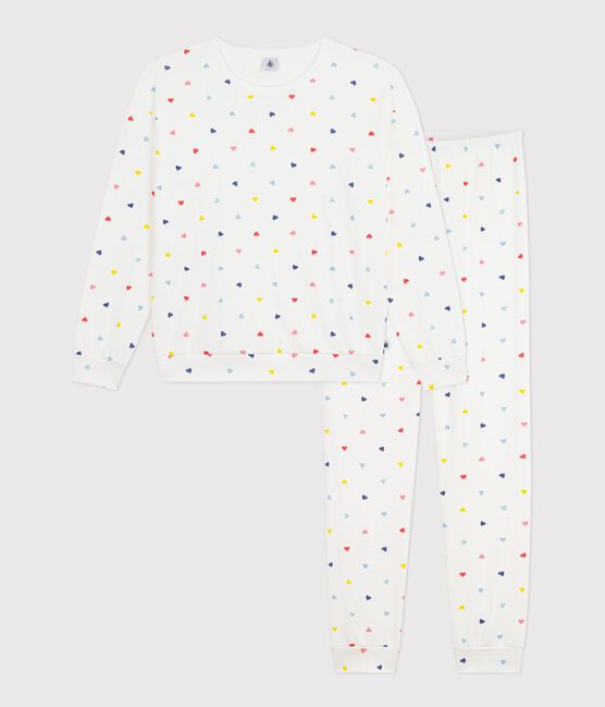 Pijama de algodón y elastano con estampado de corazones para mujer blanco MARSHMALLOW/blanco MULTICO